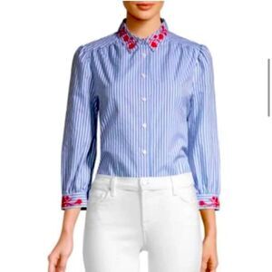 Draper James Embroidered Button Down Top Blue White Striped Red Floral size 10
